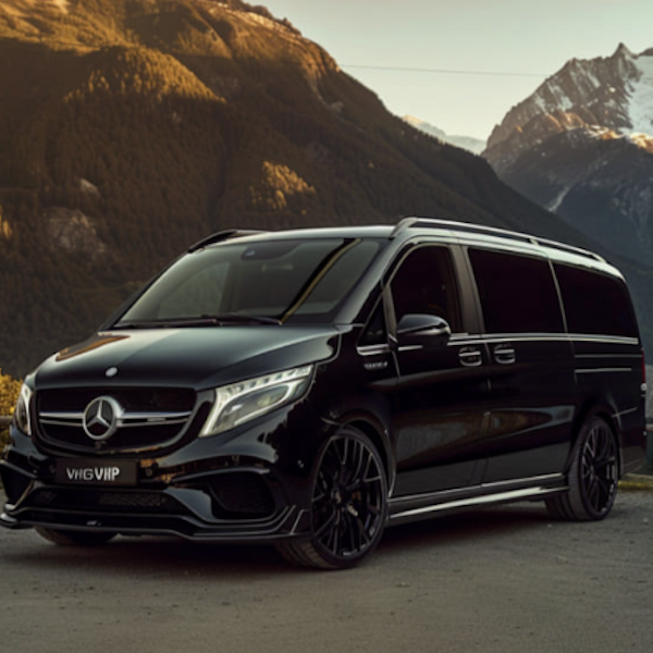 Mercedes V Class on a driveway with a scenic backdrop. Mercedes V Class on a driveway with a scenic backdrop.